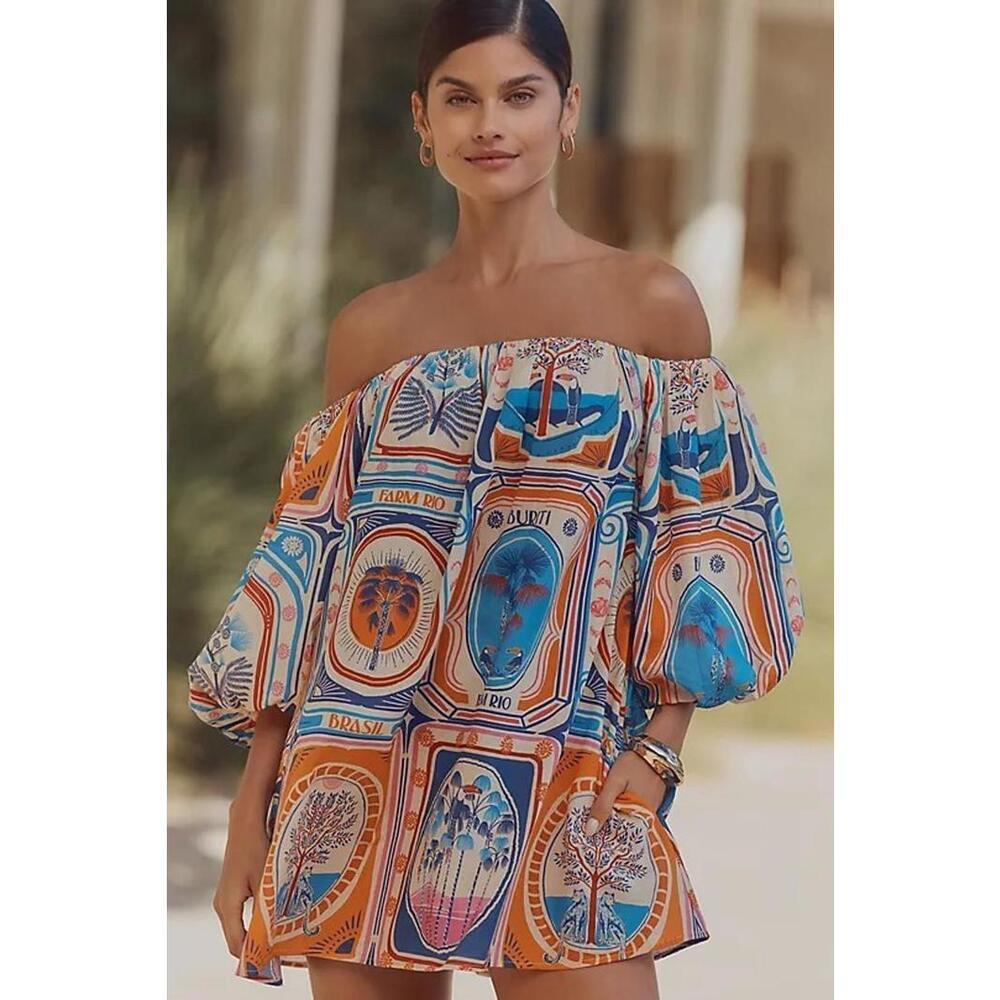 FARM Rio Off-The-Shoulder Cover-Up Mini Dress Tie Back Size M Multicolor - Picture 2 of 3